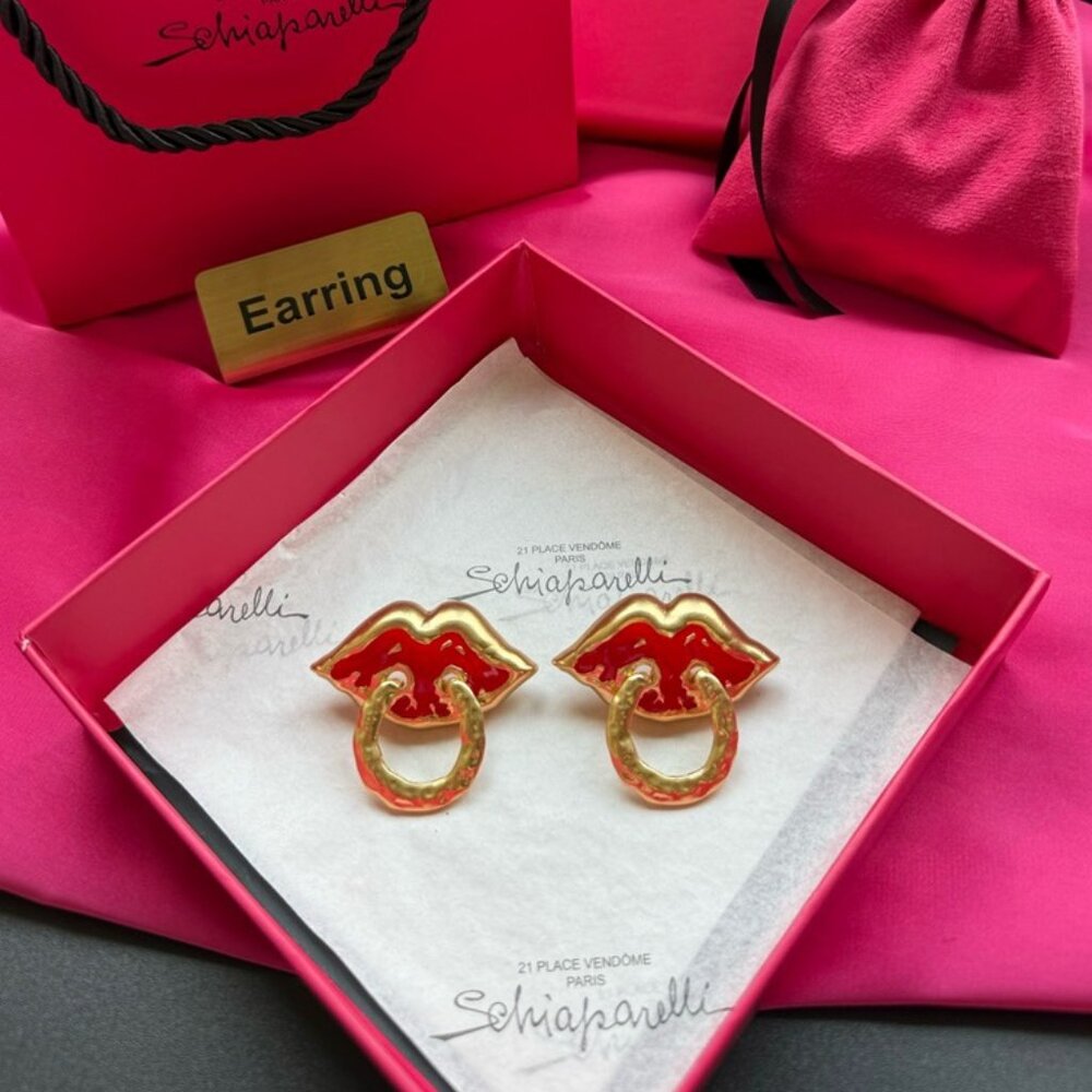 💋 Schiaparelli Iconic Red Lip + Hoop Earrings 💋